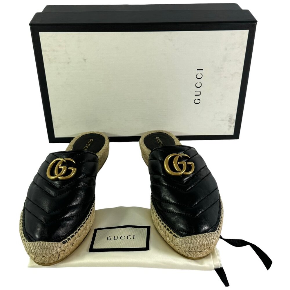 GUCCI 551881 Black Leather GG Marmont Espadrilles Mules Nappa Charlotte 37-7US
